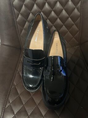 Sun + Stone Black Patent Leather Penny Loafers